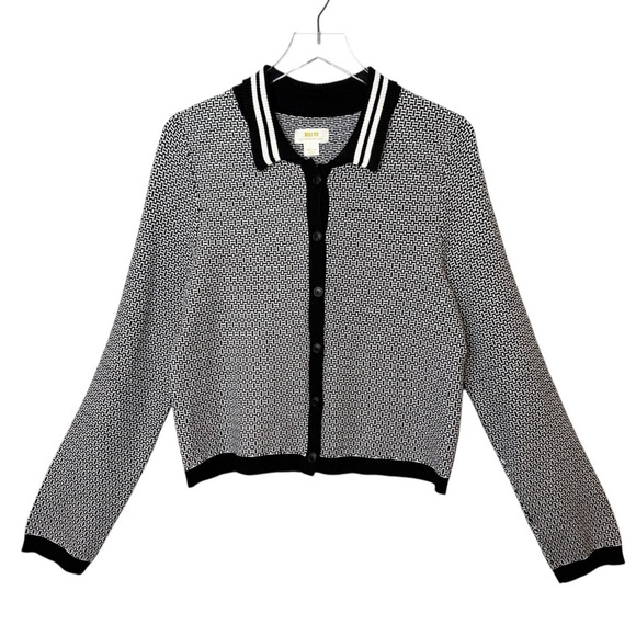 Anthropologie Maeve Plunging Geo Print Polo Women’s Preppy Cardigan Sweater Sz M - Picture 2 of 11